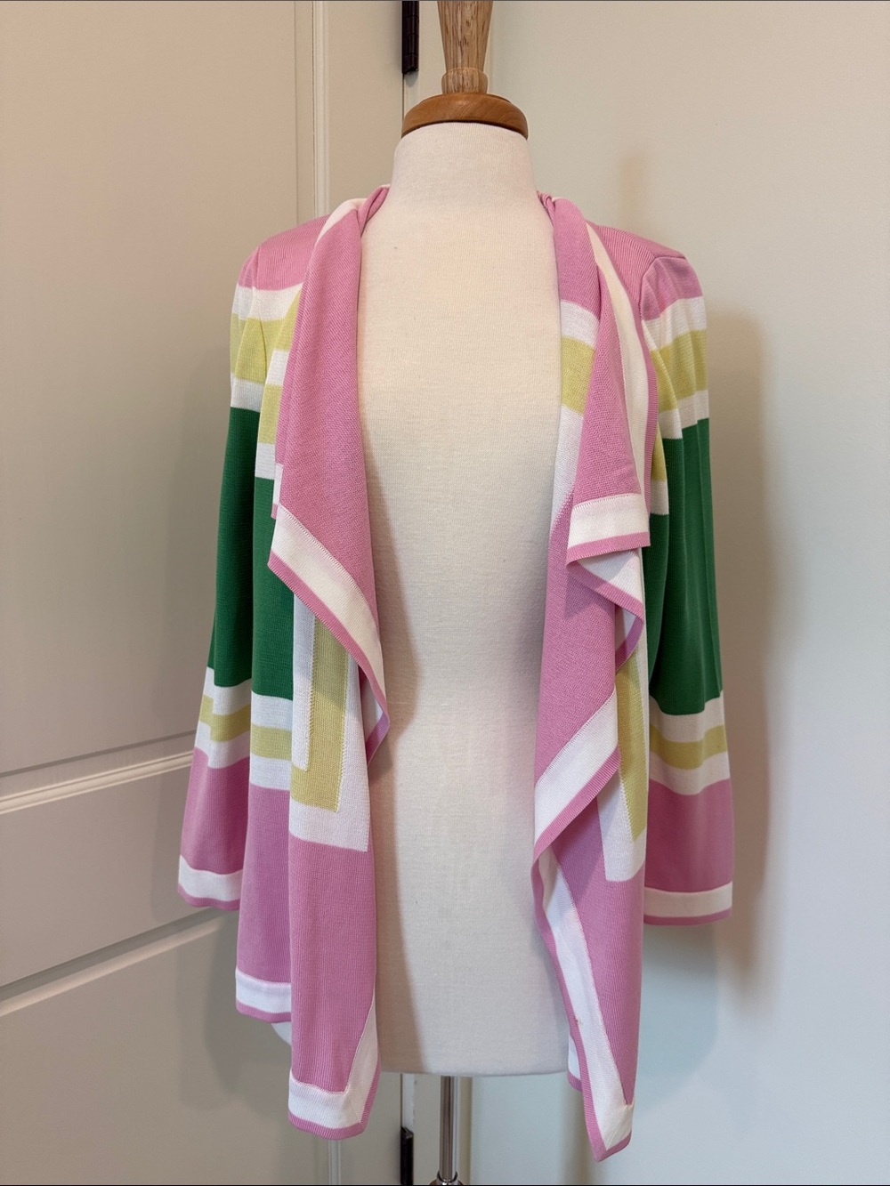 Misook Pink, Green & White Striped Open-Front Cardigan